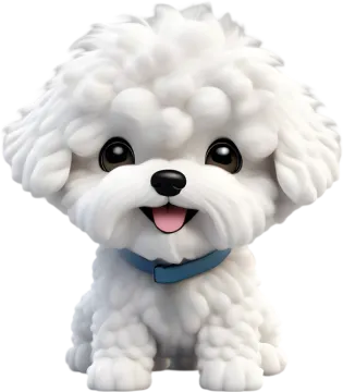 a small white dog with a blue collar
