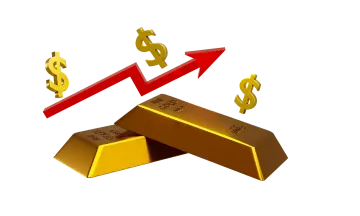 two gold bars with a red arrow and dollar signs