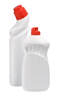 two white plastic bottles with red caps on a white background