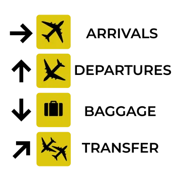 a yellow arrow with the words arrivals departure, departure and departure