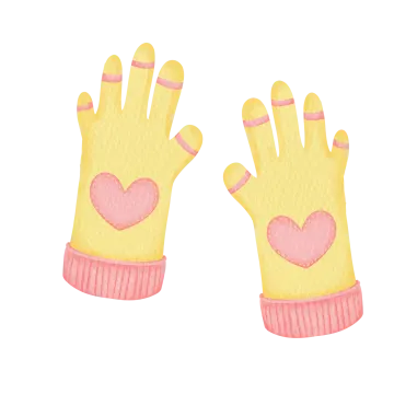 two yellow gloves with pink hearts on them