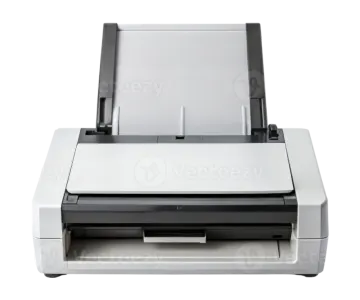 a white printer with a black and white cover
