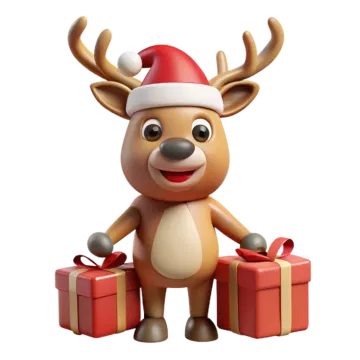 a reindeer with a christmas hat and gift boxes