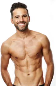 a man with no shirt is posing for the camera