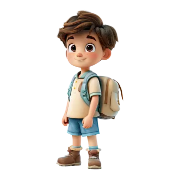 a young boy with a backpack standing in front of a white background