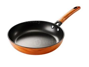 an empty frying pan with a wooden handle