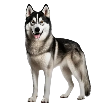 a husky dog standing in front of a white background