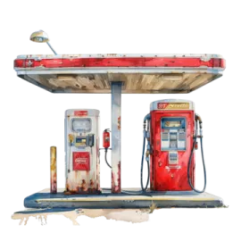 a painting of an old gas station