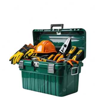 green tool box with tools on white background stock photo