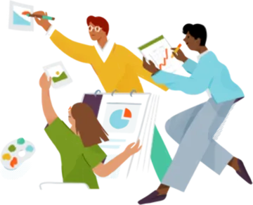 a group of people with papers and papers