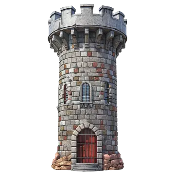 a stone tower with a red door on top