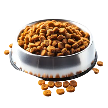a metal bowl filled with dry dog food