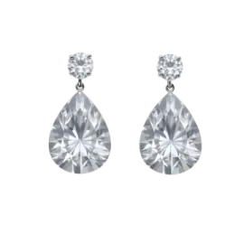 a pair of earrings with a pear shaped diamond