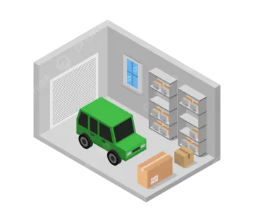 a green car is parked in the garage