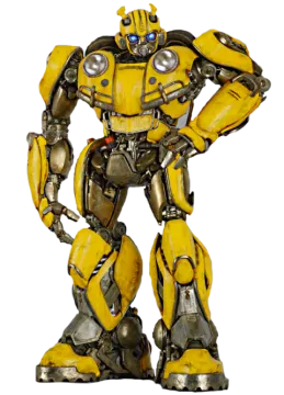 a yellow and black robot standing on a white background