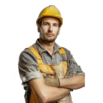a man in a hard hat and overall standing with his arms crossed