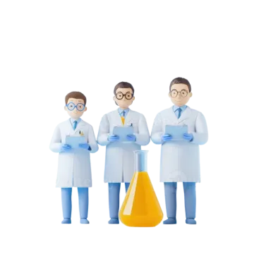 three 3d doctors standing next to a test tube