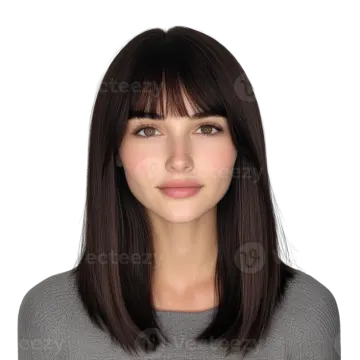 a woman with long brown hair and bangs