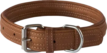 a brown leather dog collar with a metal buckle