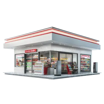 a small store with a red and white roof