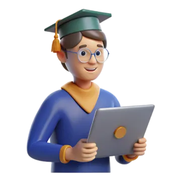 a 3d man wearing glasses and holding a tablet