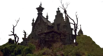 the haunted house is surrounded by dead trees
