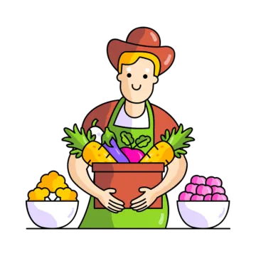 a woman in an apron holding a bowl of fruit