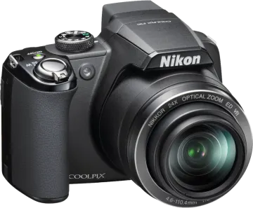 a black camera with a zoom lens