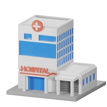a white and blue building with the word hospital on it