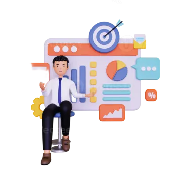 a man sitting in front of a whiteboard with various icons