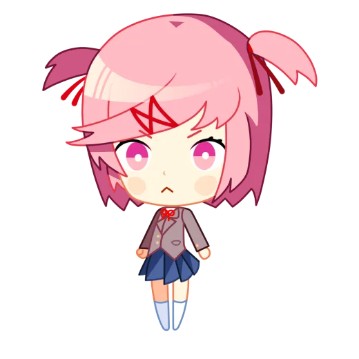 a cartoon girl with pink hair and blue dress
