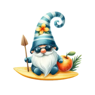 an illustration of a gnome sitting on a surfboard