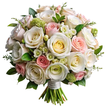 a bouquet of white and pink roses