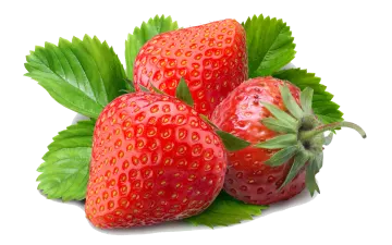 three strawberries with leaves on a white background