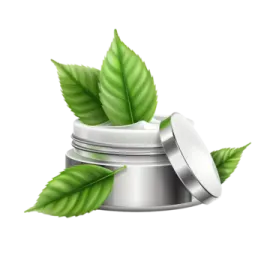 a white jar with green leaves on it