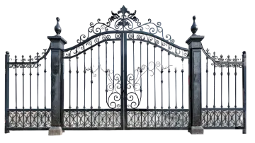 an iron gate with a decorative design on it