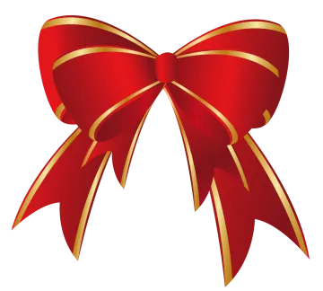 a red bow with gold stripes