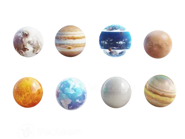 a set of nine planets in different colors