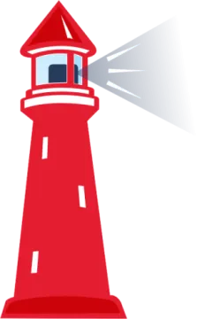 a red lighthouse with a light coming out of it