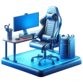 a computer desk with a chair and monitor