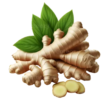 a pile of ginger root with green leaves