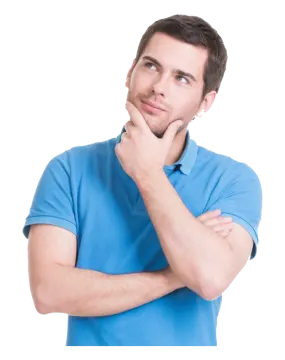 a man in a blue shirt looking up with his hand on his chin