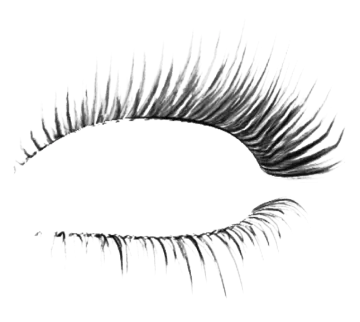 a black and white drawing of an eye with long eyelashes