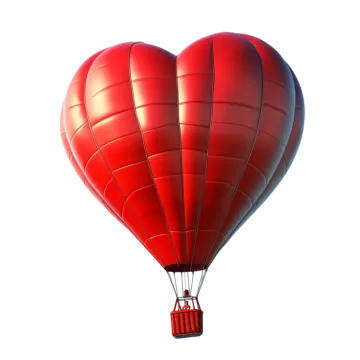a red hot air balloon in the shape of a heart
