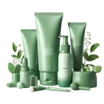 a set of green cosmetic products on white background