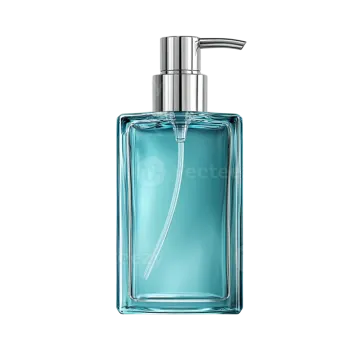 a bottle of blue liquid on a white background