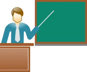 a man in front of a blackboard with a pointer