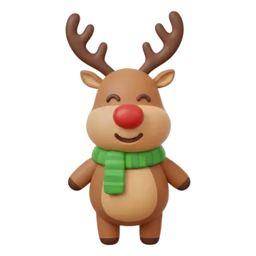 a reindeer with a green scarf and red nose