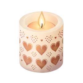 a white candle with hearts on it