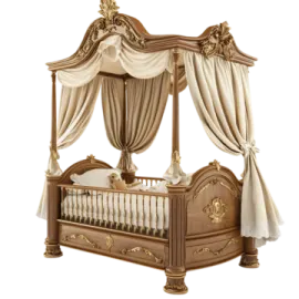 a wooden bed with curtains on top of it